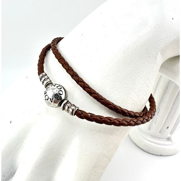 Pandora 925 Sterling Silver Medium Brown Braided Leather Wrap Charm 14” Bracelet - Picture 2 of 8
